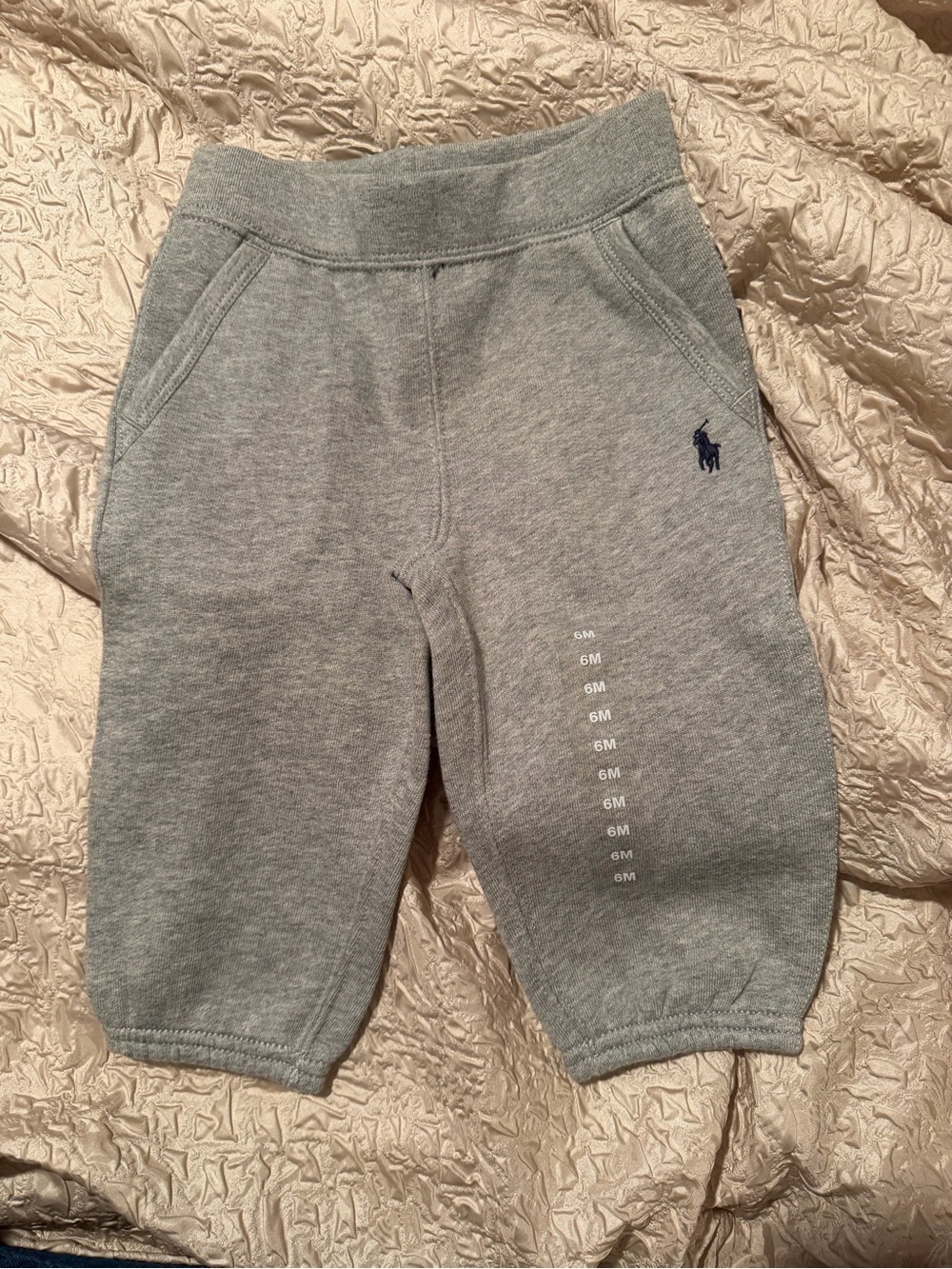 Ralph Lauren Light Gray Baby Sweatpants with Navy Polo Emblem